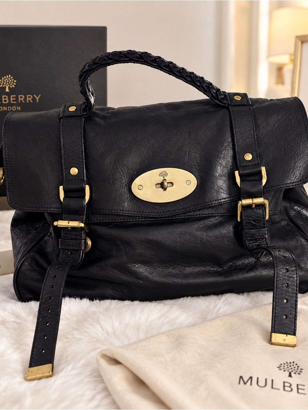 Mulberry Black Leather Braided-Handle Satchel with Gold Hardware - Picture 6 of 6